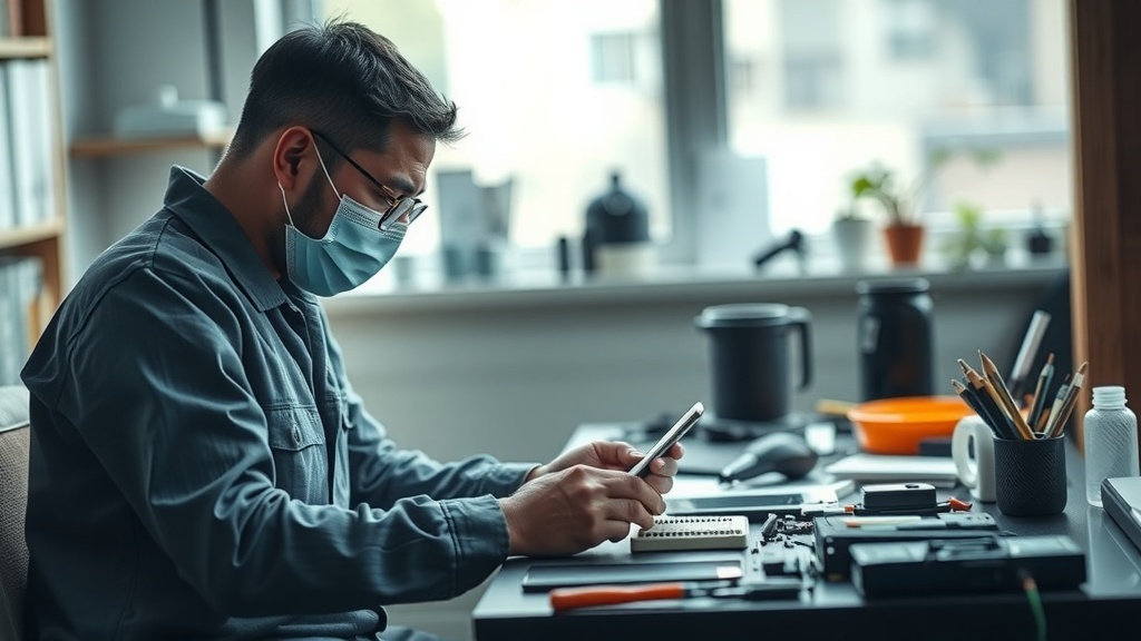 A technician working on a smartphone at a desk filled with tools and equipment.
