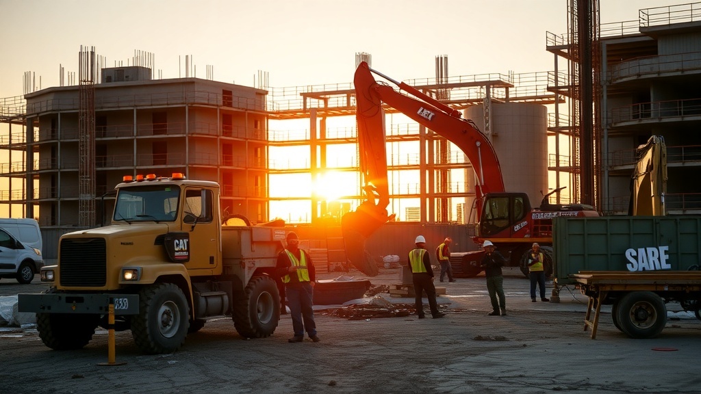 Construction workers at a site during sunrise with machinery and buildings in the background.