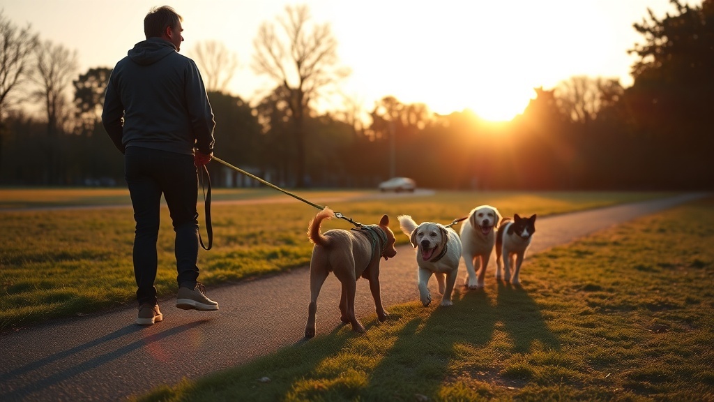 A person walking multiple dogs in a park during sunrise