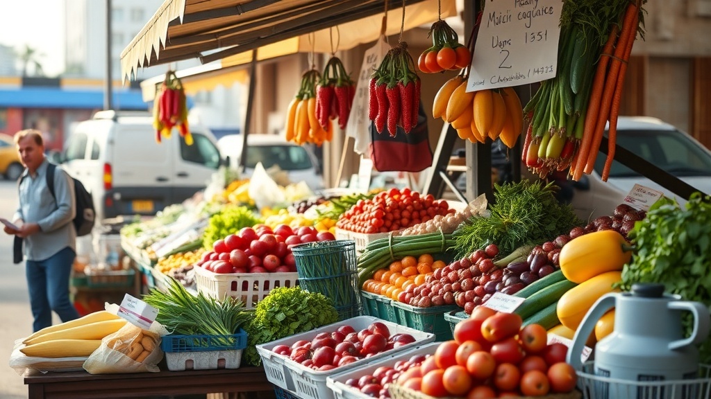 A vibrant morning market stall filled with fresh vegetables and fruits, with a vendor setting up for the day.
