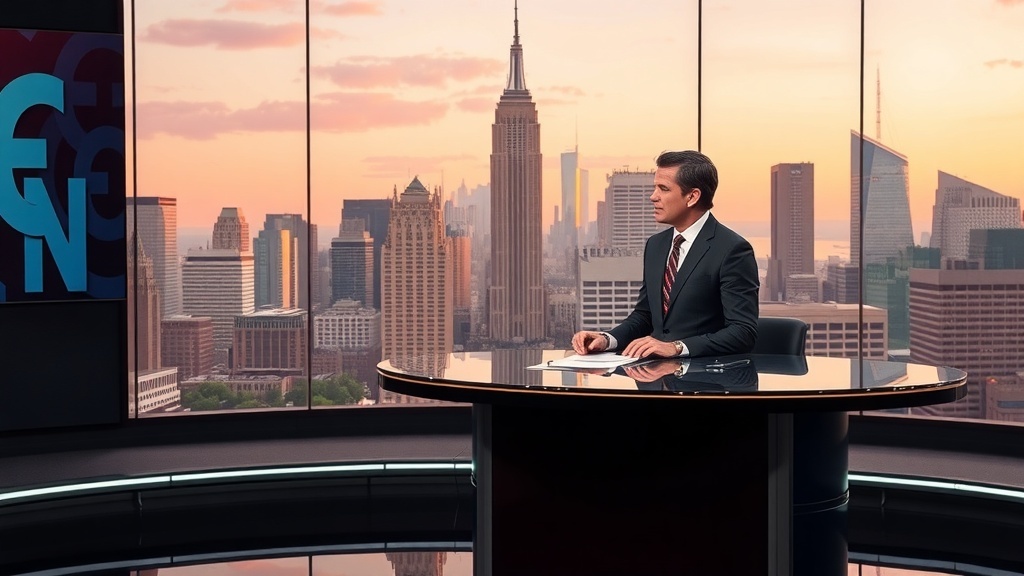 A morning news anchor at a desk with a city skyline view behind him.