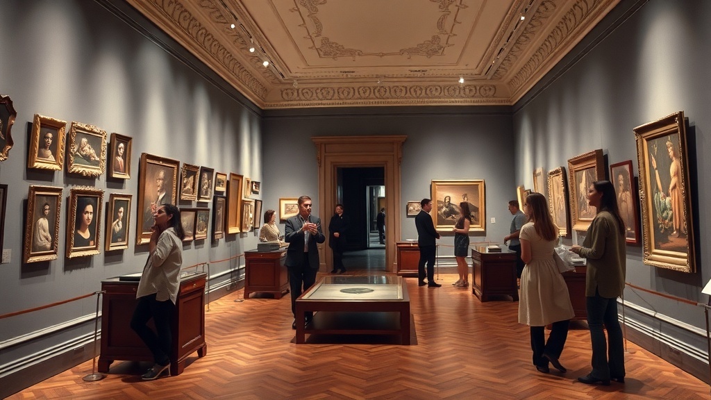 A museum interior with visitors observing framed artworks on the walls.
