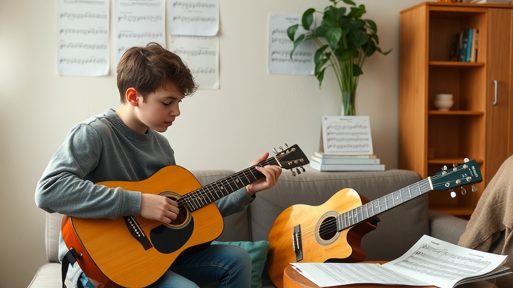 A teenager practicing guitar in a cozy room with sheet music on the wall.
