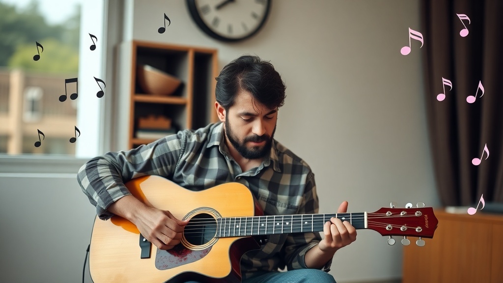 A man playing guitar with musical notes around him, representing online music lessons.
