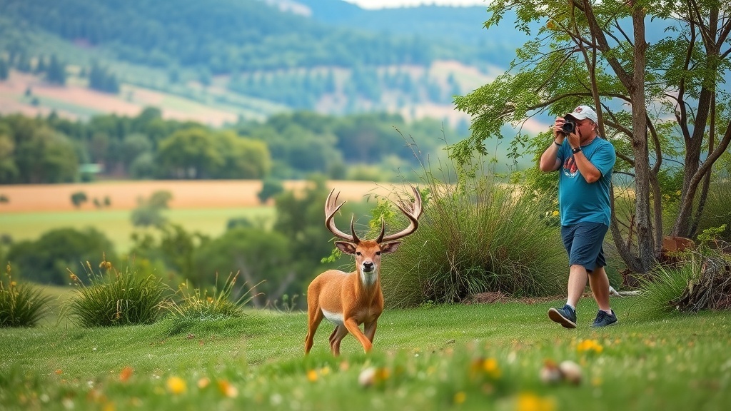 A nature photographer capturing a deer in a scenic landscape.