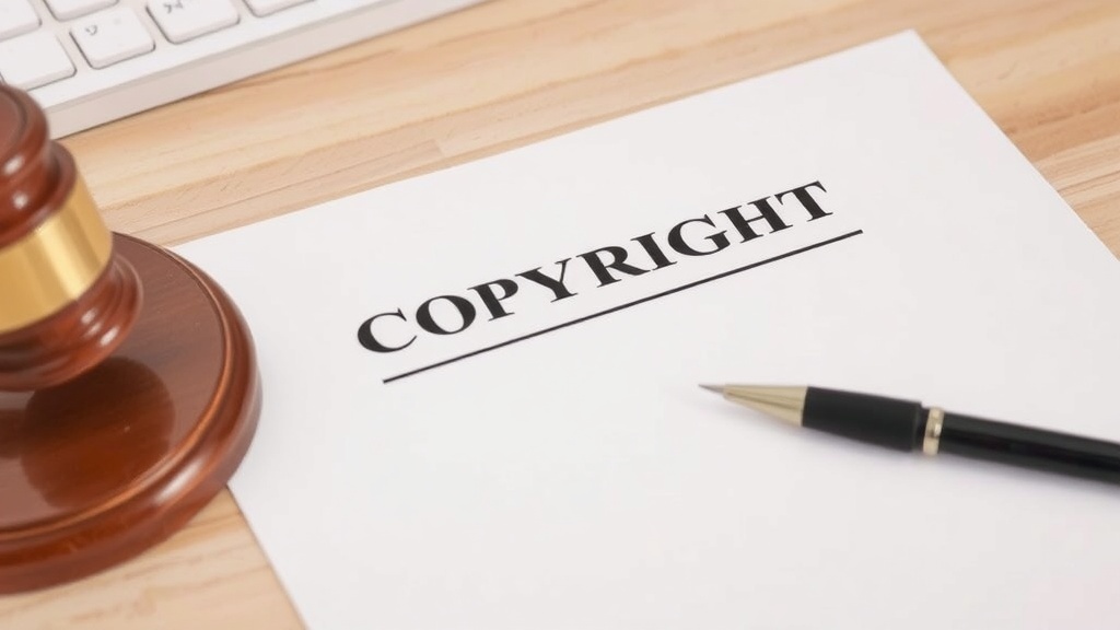 A gavel next to a document labeled 'COPYRIGHT' on a wooden desk