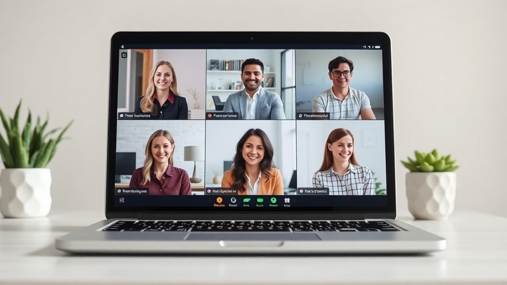 A laptop displaying a video call with six smiling professionals, showcasing online networking.