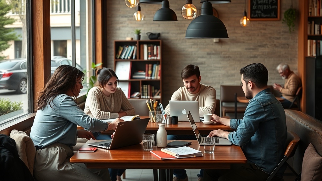 A group of writers collaborating in a café, working on laptops and sharing ideas.