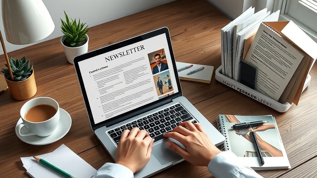 A cozy workspace with a laptop showing a newsletter, a cup of coffee, and stationery.