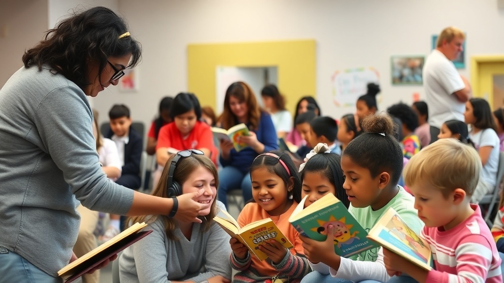 A reading session with children engaged in books, led by a facilitator.