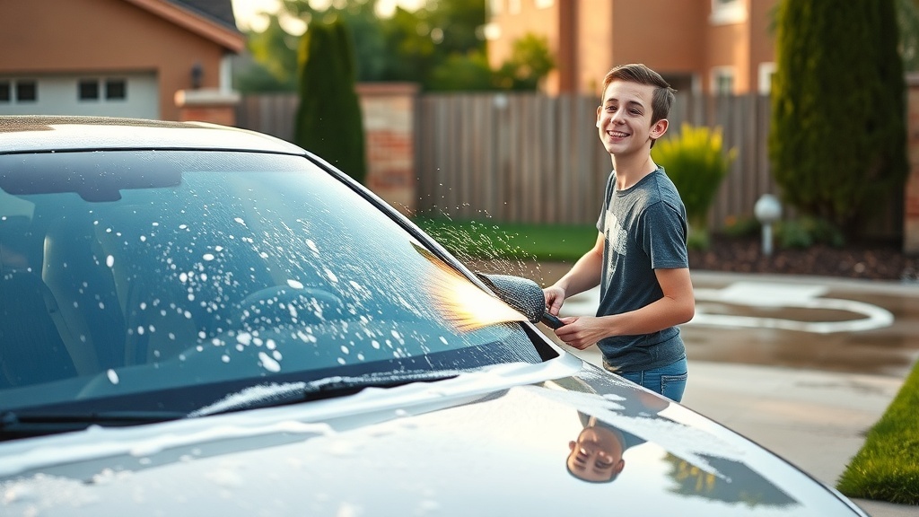 A young person washing a car with a smile, showcasing the joy of offering car washing services.