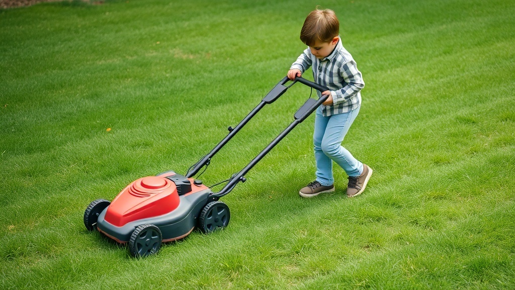 A young boy mowing a lawn with a red lawn mower on green grass.