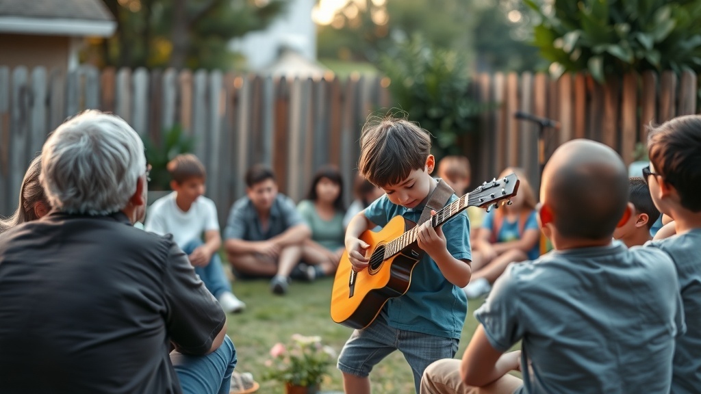 A young child playing guitar in front of an audience of kids and adults in a backyard setting.