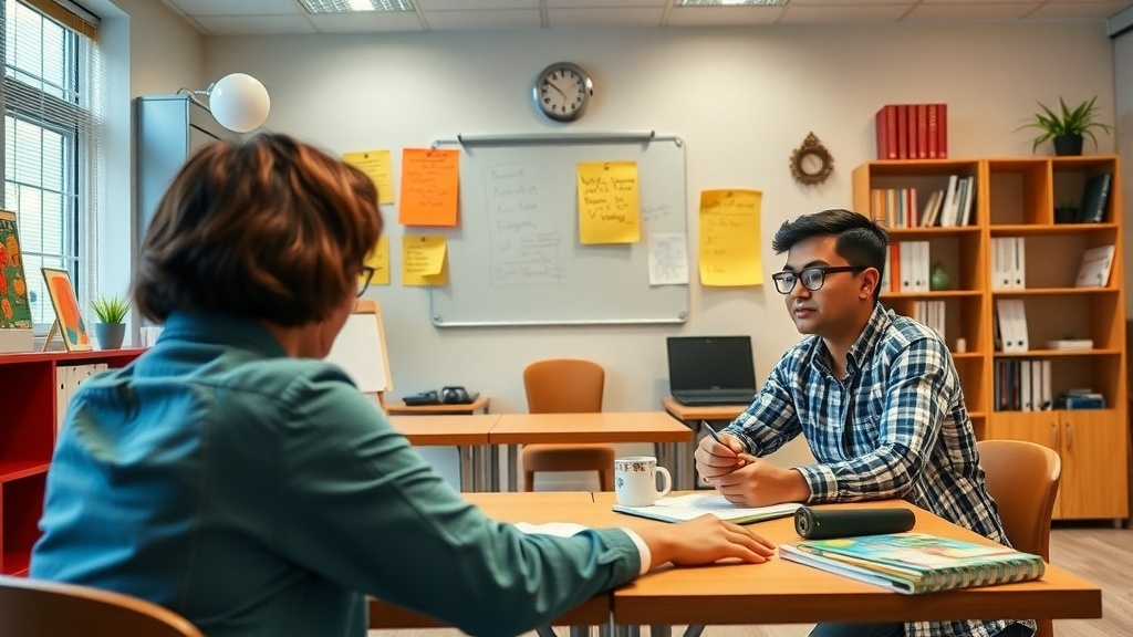 A tutoring session in a bright room with a student and a tutor engaged in conversation.