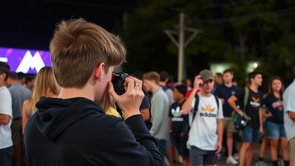 A teenager taking a photo at a crowded event
