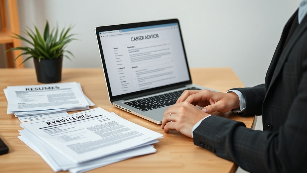 A person working on a laptop with resumes and cover letters on the table.