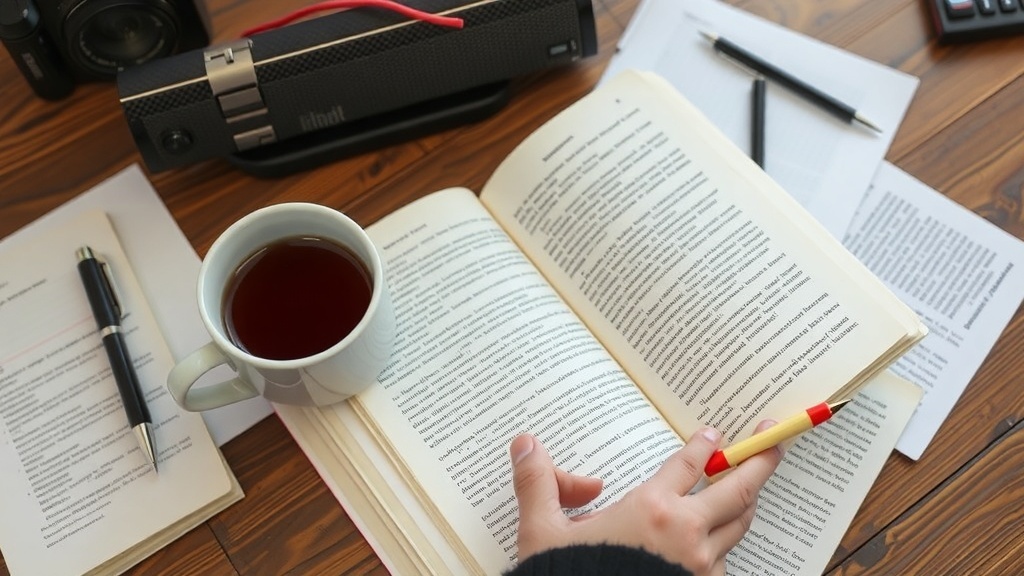 A cozy reading setup featuring a book, a cup of tea, and writing materials.