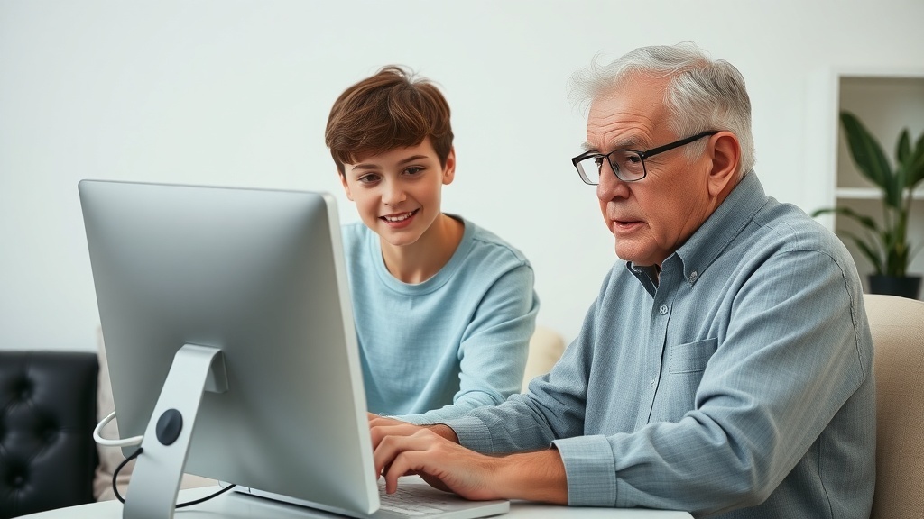 A young person helping an older man with a computer.