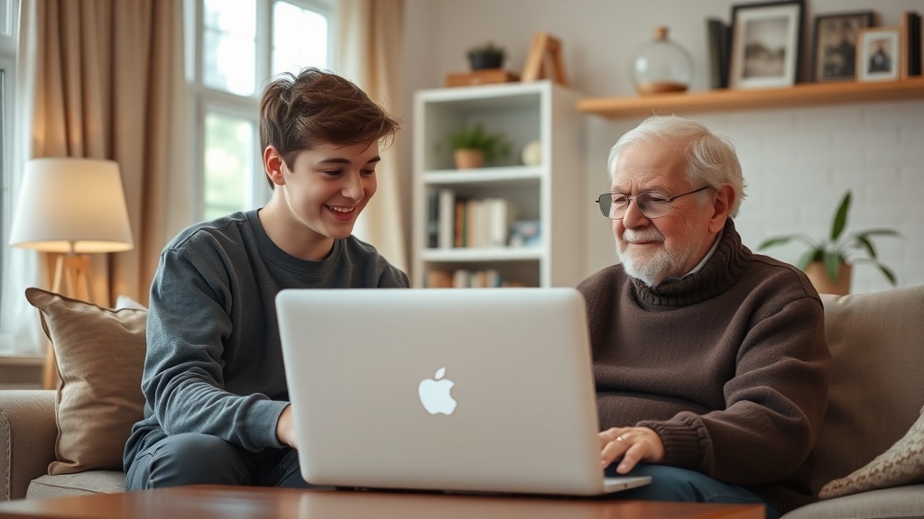 A teenager helping an older man with a laptop, showcasing tech support.