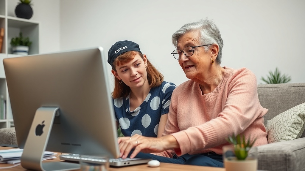A teenager helping a senior woman with a computer, showcasing tech support.
