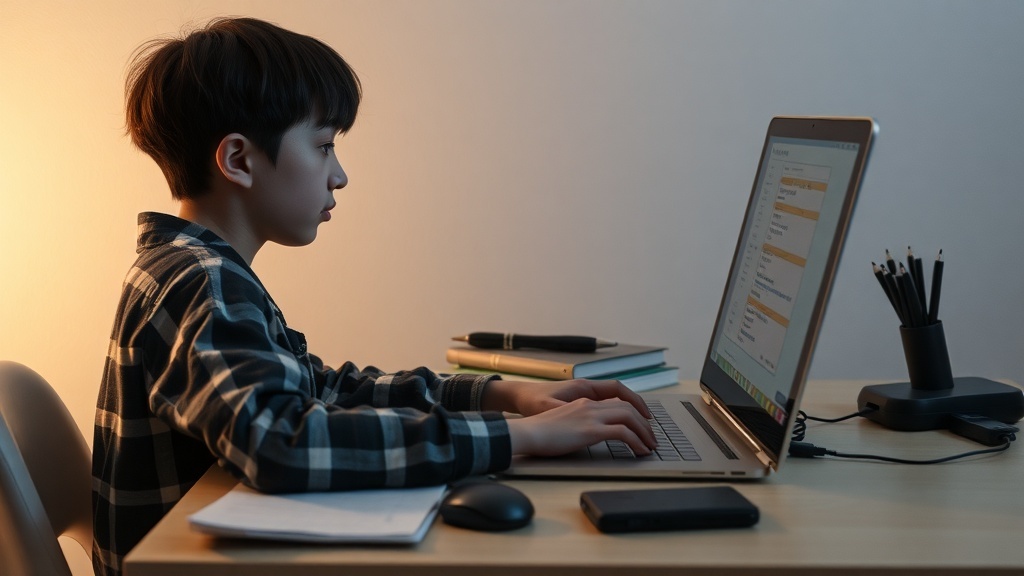 A young person working on a laptop at a desk, focused on virtual assistance tasks.