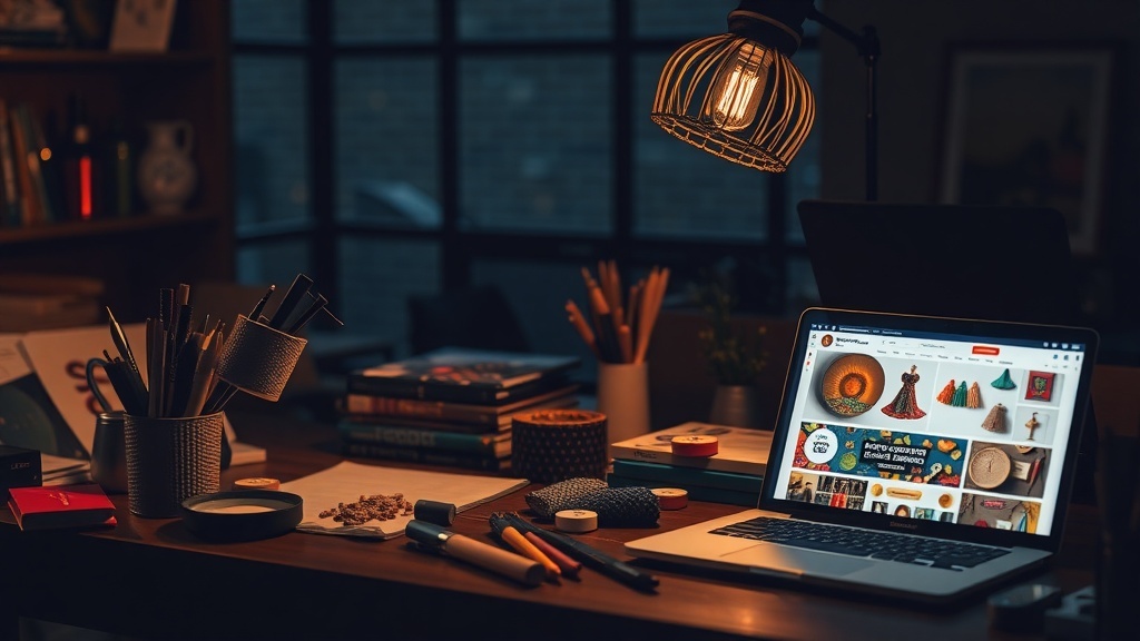 A cozy workspace with art supplies and a laptop showing an online marketplace for crafts.