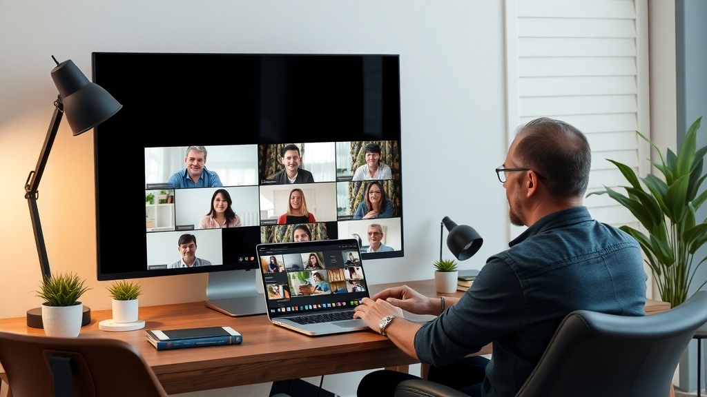 A person participating in an online coaching session with multiple video call participants.
