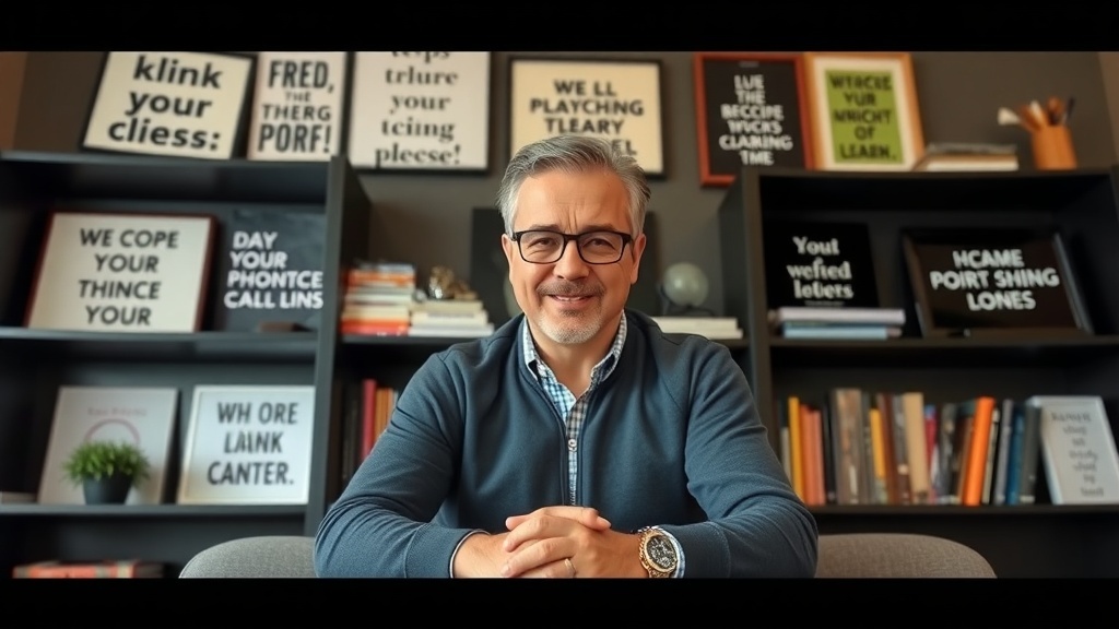 A smiling coach in a cozy office setting, ready for online coaching sessions.