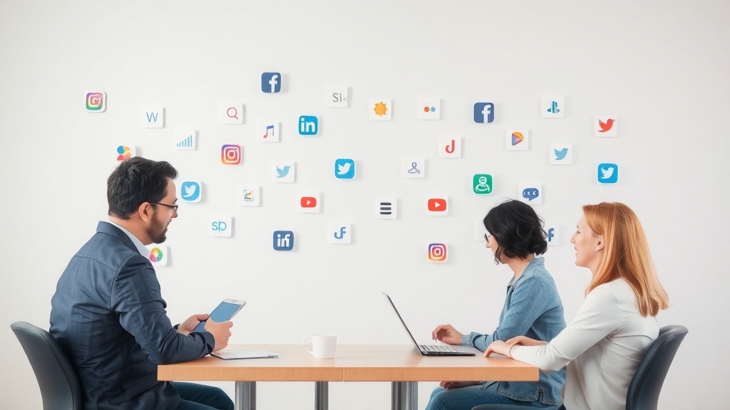 A group of people discussing community management, surrounded by social media icons.