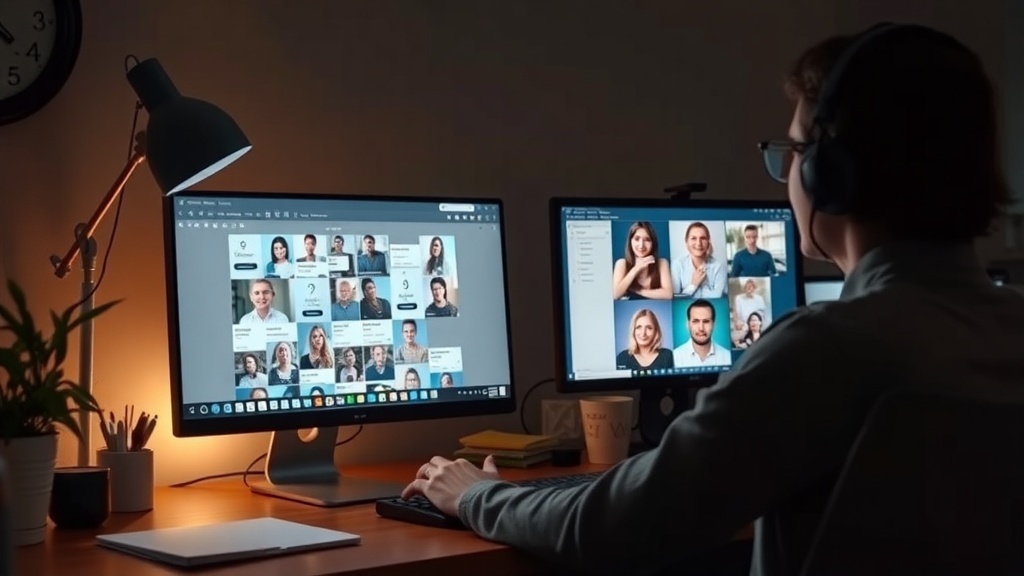 A person managing an online community with two computer monitors, one showing community member profiles and the other displaying video calls.