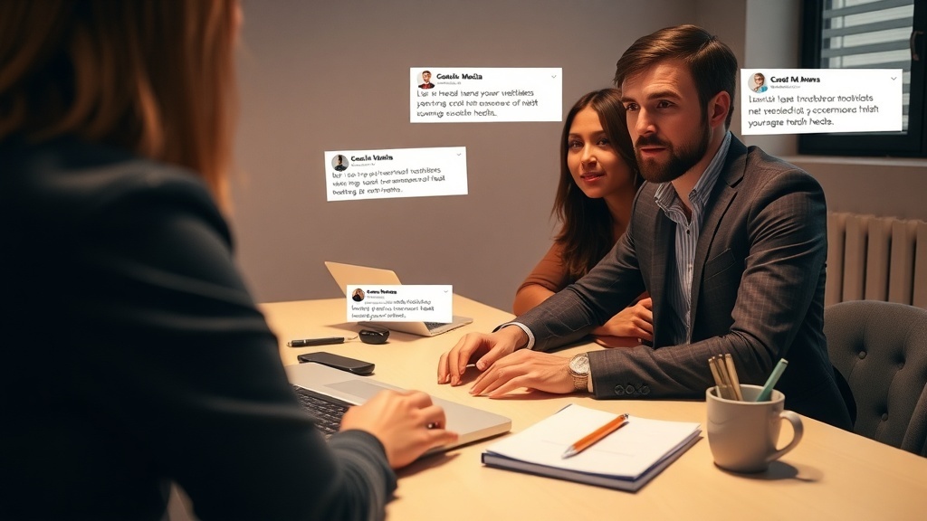 A group of professionals discussing ideas with comments displayed on the screen, representing online community management.