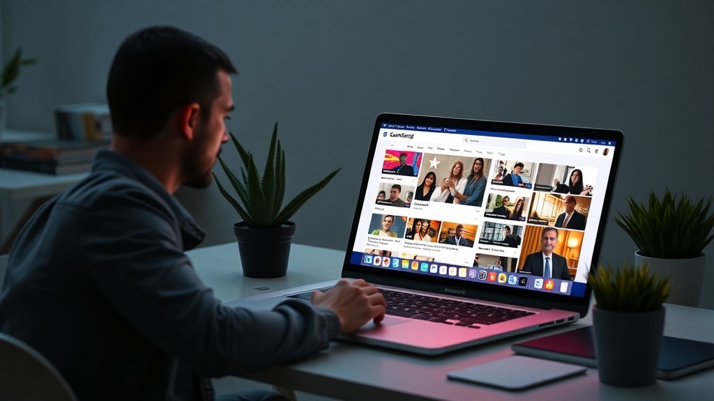 A person managing an online community on a laptop, with various profiles displayed on the screen.
