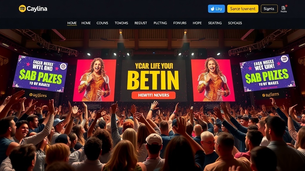 A lively crowd at an event with screens announcing cash prizes.