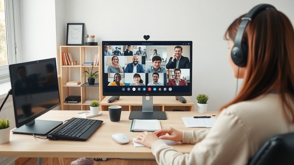 A person participating in an online consulting session on a video call with multiple participants, showcasing a home office setup.