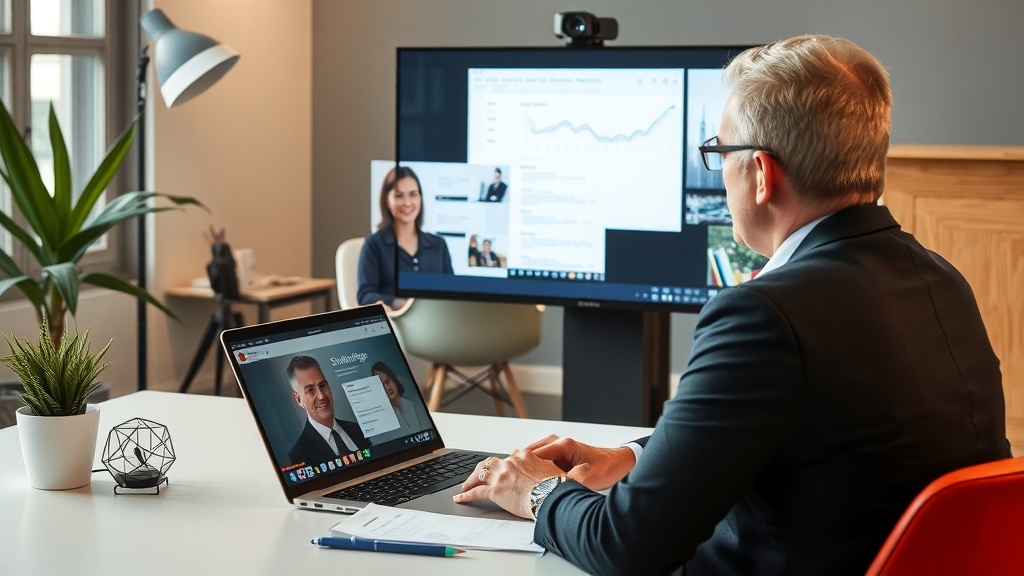 A consultant in a professional setting conducting a virtual meeting on a laptop and a large screen.