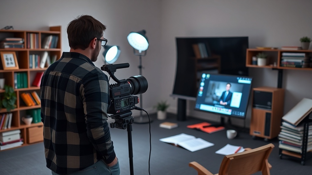 A person filming an online course with a camera and computer setup in a well-lit room.