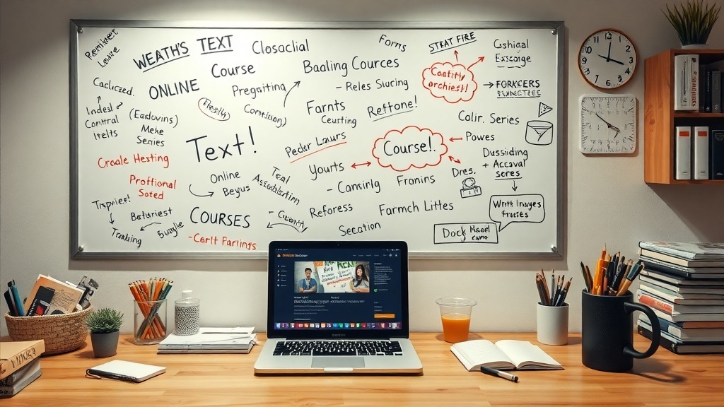 A workspace with a laptop and a whiteboard filled with notes and ideas for online course creation.