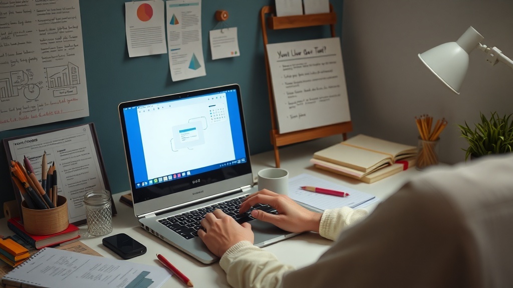 A cozy workspace with a laptop, notes, and stationery, showing someone working on online course creation.