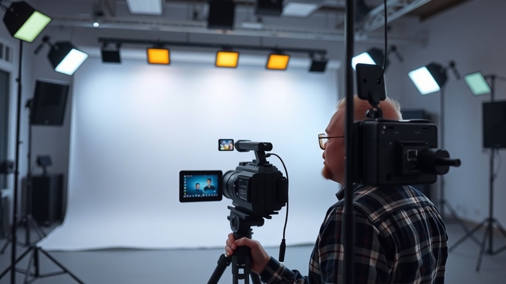 A person setting up a video camera in a studio for online course creation.