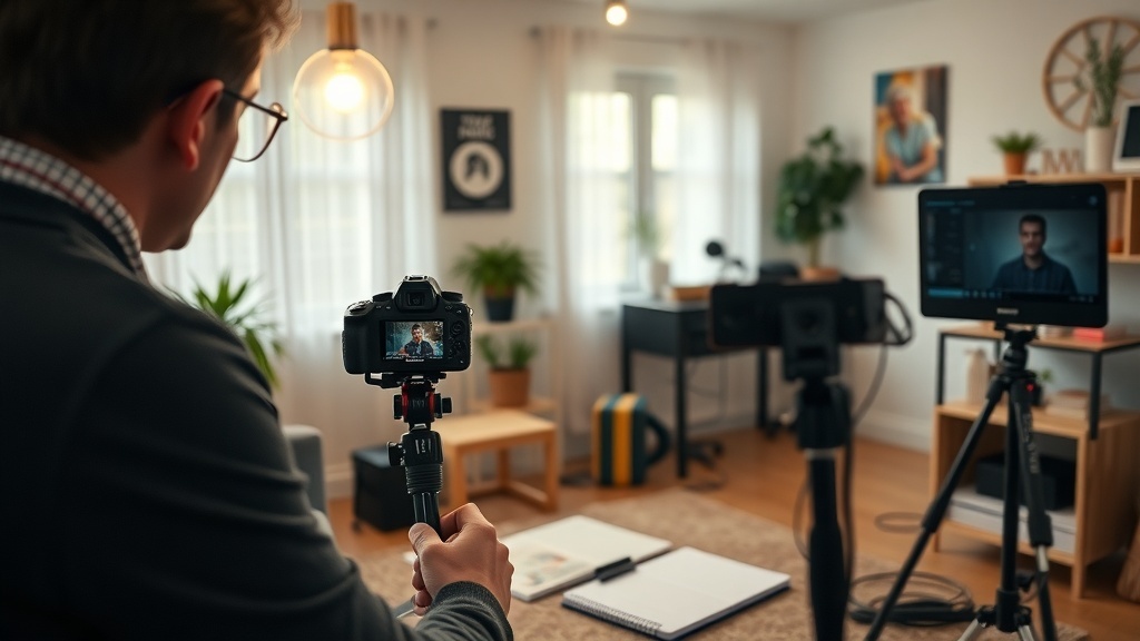 A person recording an online course with a camera and monitor in a cozy home setting.