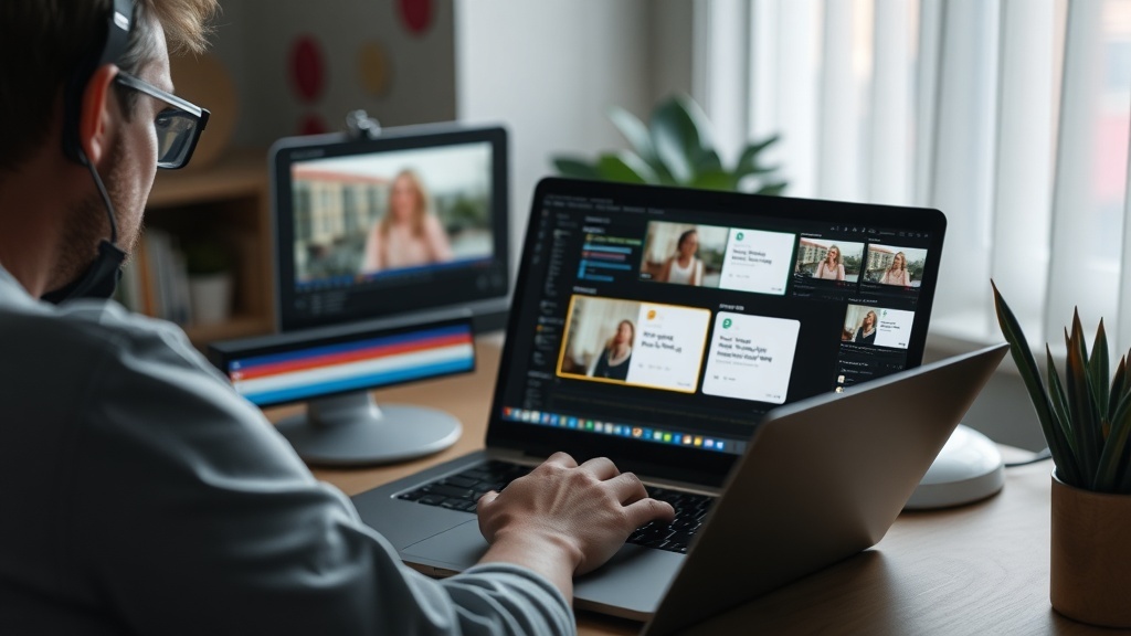 A person working on a laptop, creating online course content with a second screen displaying video editing tools.