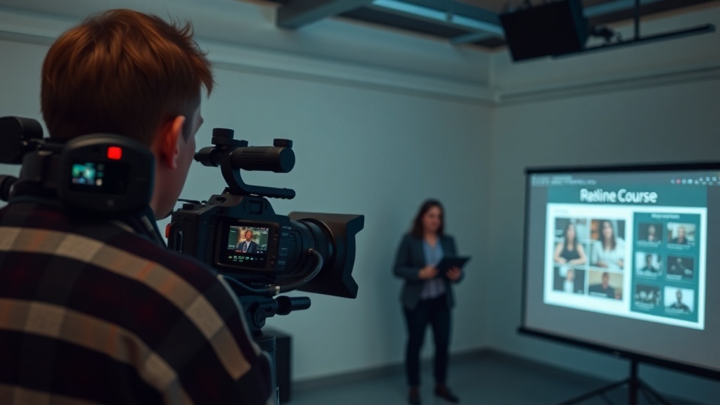 A person filming an online course presentation with a camera focused on the instructor and a screen displaying course content.