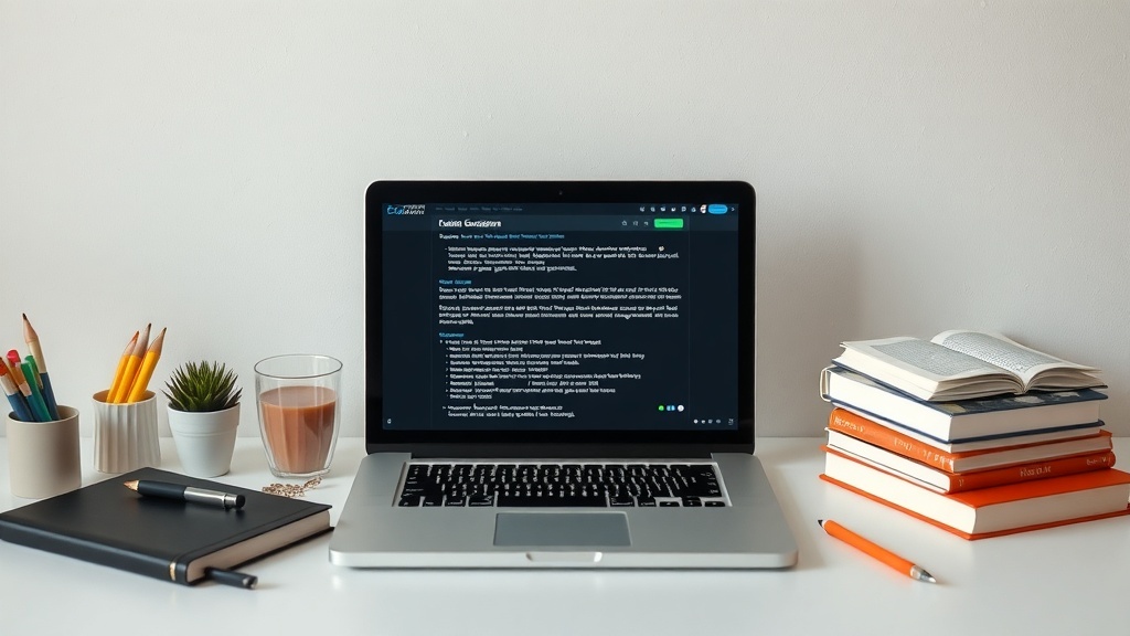 A laptop on a desk with books, stationery, and a drink, representing a workspace for an online course developer.