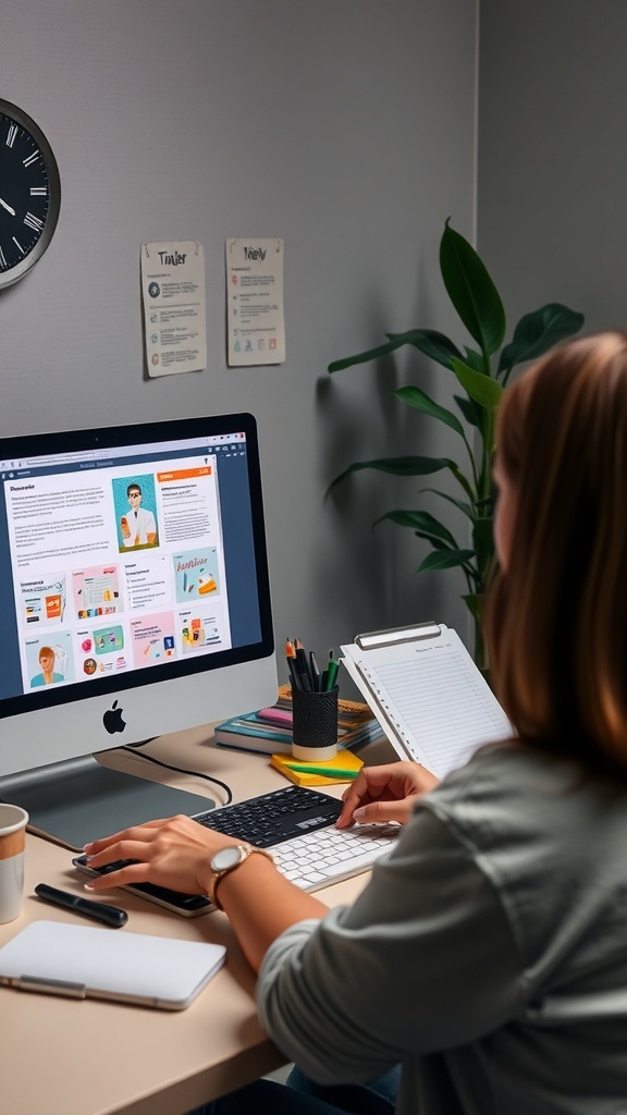 A person developing an online course on a computer, with notes and a plant in the background.