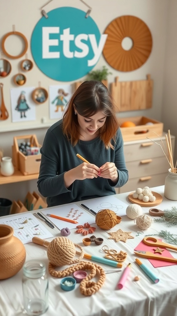 A woman working on crafts at a table with various materials, surrounded by an Etsy sign.