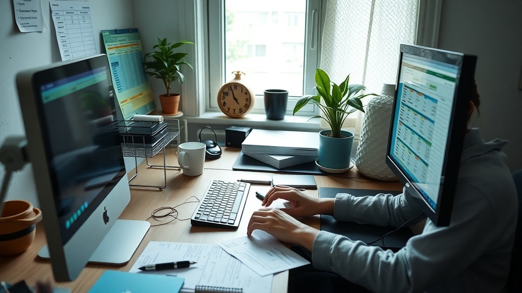 A cozy home office setup with two computers, a clock, and plants, illustrating a comfortable workspace for an online data entry clerk.