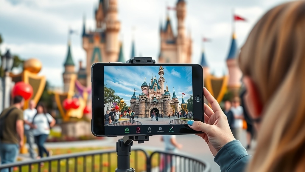A person taking a photo of a Disney castle with a tablet, capturing the magic of the park.