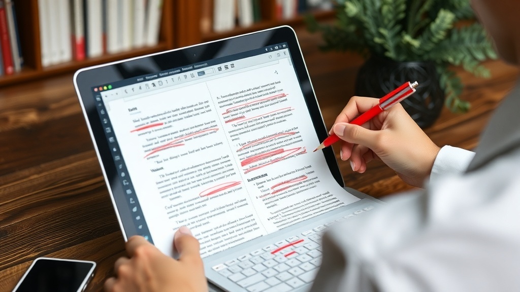 A person editing a document on a laptop with a red pen, focusing on corrections.