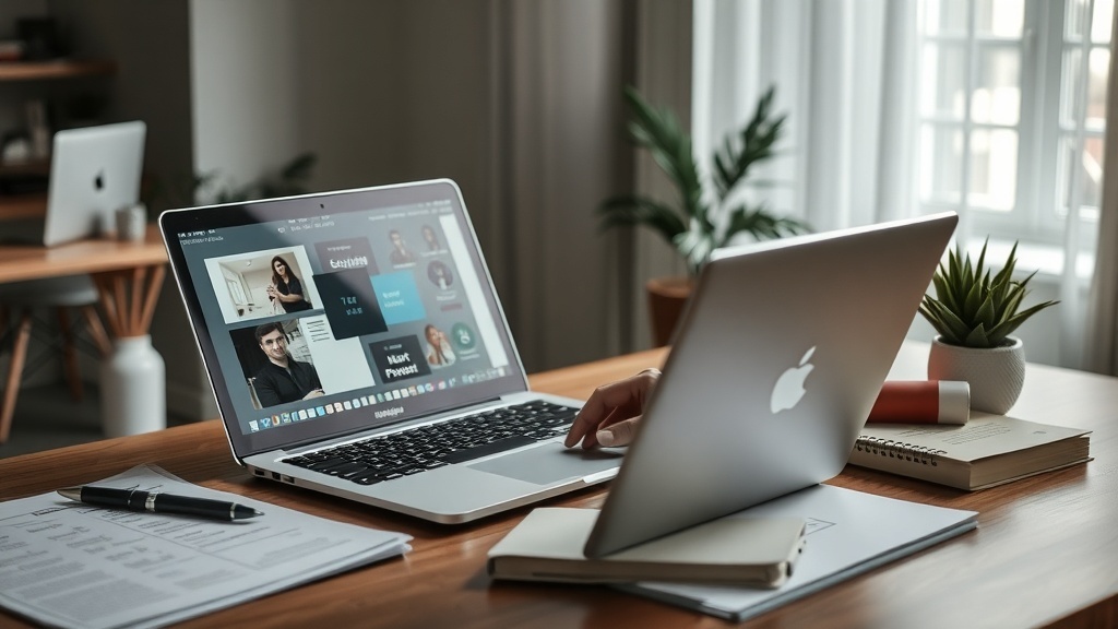 A laptop displaying a video call for event planning, with a cozy workspace in the background.
