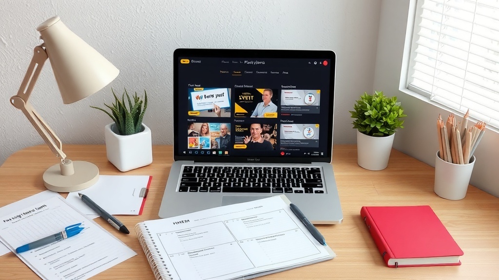 A cozy workspace with a laptop, stationery, and plants, ideal for online event planning.